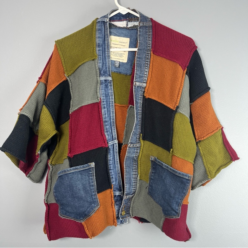 Patchwork Knit Cardigan with Denim Trim - Multi